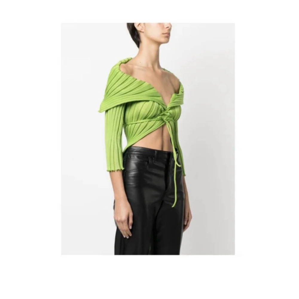 A. Roege Hove Green Ribbed Crop Top with Tie Front and 3/4 Sleeves